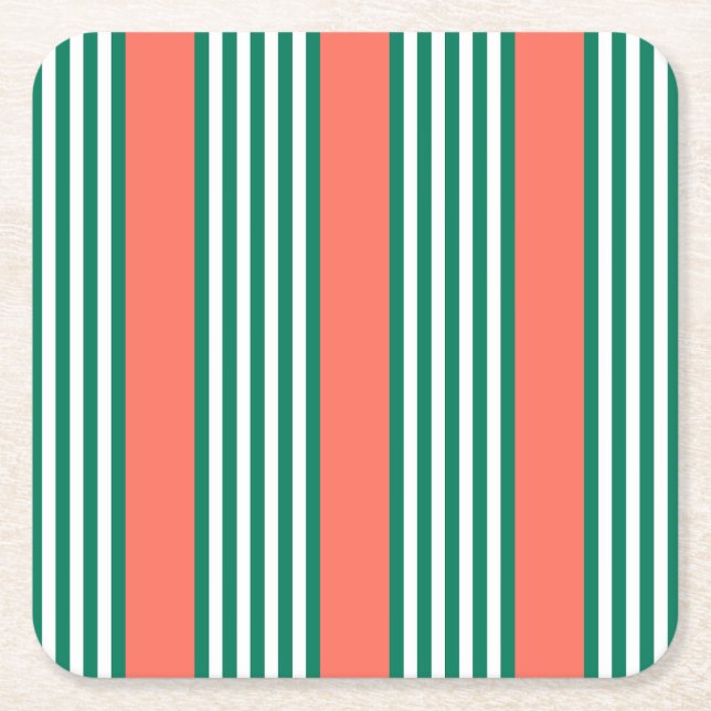 Dessous-de-verre Carré En Papier Motif à cinq bandes vert et blanc avec corail (Devant)