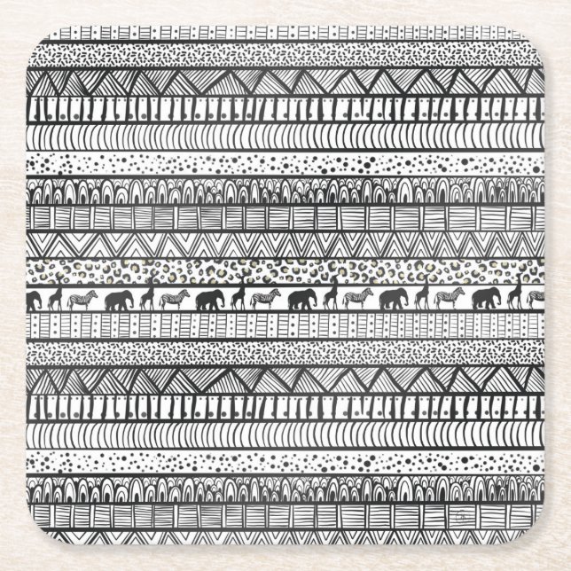 Dessous-de-verre Carré En Papier Motif africain tribal noir blanc (Devant)