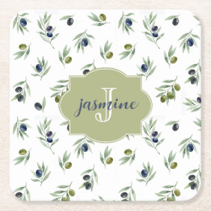 Dessous-de-verre Carré En Papier Motif chic aquarelle Monogramme nom Vert olive