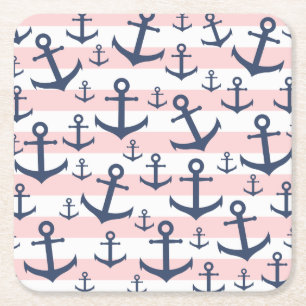 Dessous-de-verre Carré En Papier motif d'ancrage bleu marine à rayure rose marine