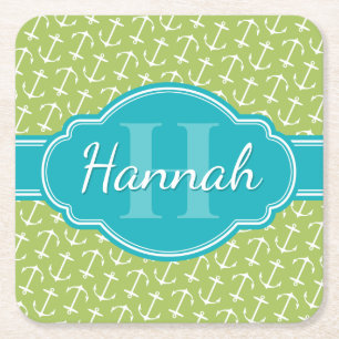 Dessous-de-verre Carré En Papier Motif d'Ancre blanc vert Turquoise Monogramme
