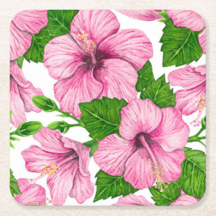 Dessous-de-verre Carré En Papier Motif d'aquarelle d'hibiscus rose