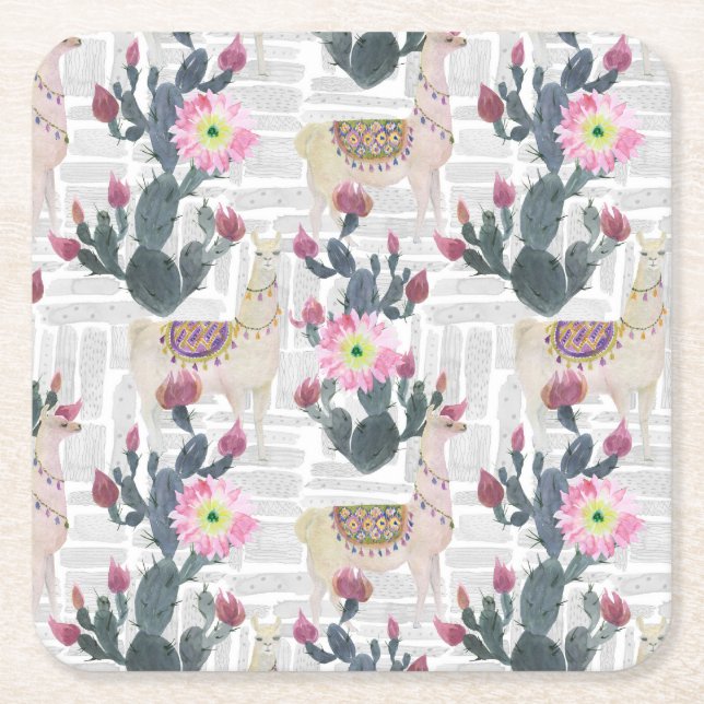 Dessous-de-verre Carré En Papier Motif de cactus d'aquarelle (Devant)