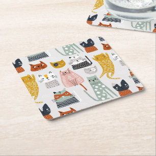 Dessous-de-verre Carré En Papier Motif de chat à main mignon Doodle