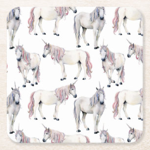 Dessous-de-verre Carré En Papier Motif de conte de fées de licorne d'aquarelle