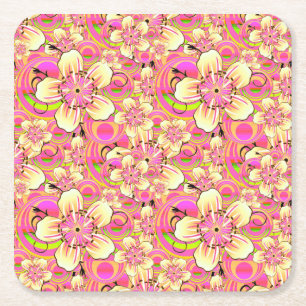 Dessous-de-verre Carré En Papier motif de fleur rose funky