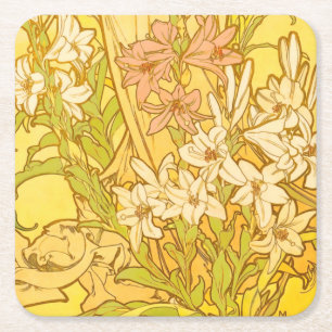Dessous-de-verre Carré En Papier Motif de fleurs de lys d'Alphonse Mucha : Art nouv