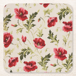 Dessous-de-verre Carré En Papier Motif de fleurs de pavots rouges vifs vintage
