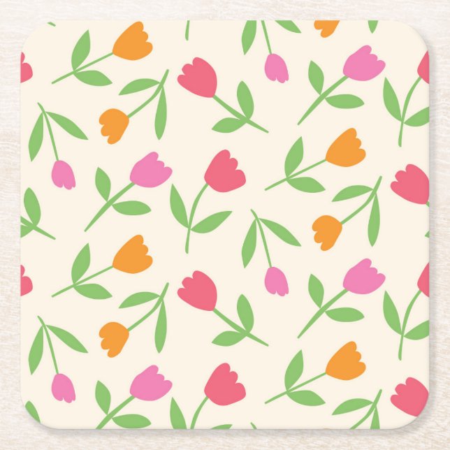 Dessous-de-verre Carré En Papier Motif de fleurs de tulipes rétro en orange, rose e (Devant)