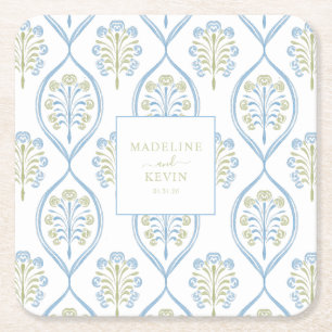 Dessous-de-verre Carré En Papier Motif de mariage floral bleu et vert sur mesure