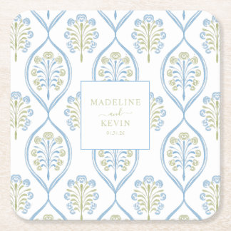 Dessous-de-verre Carré En Papier Motif de mariage floral bleu et vert sur mesure