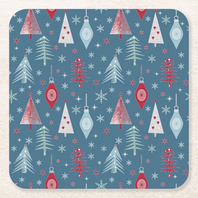 Dessous-de-verre Carré En Papier Motif de Noël d'hiver. (Devant)