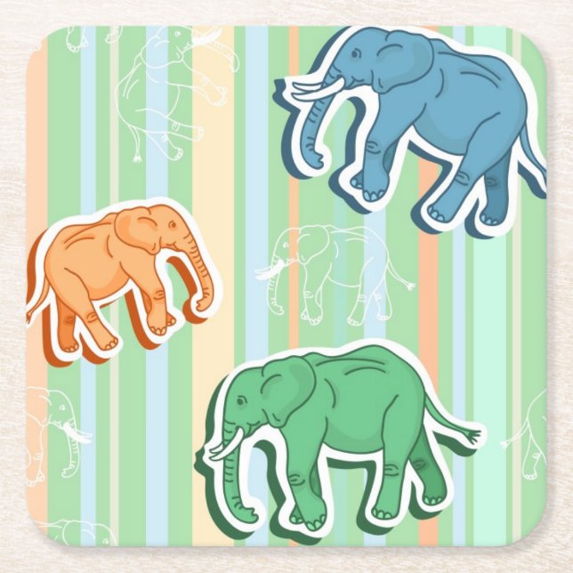 Dessous-de-verre Carré En Papier Motif d'éléphant sur les rayures vertes (Devant)