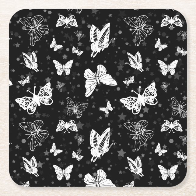 Dessous-de-verre Carré En Papier Motif d'illustration noir blanc papillon (Devant)