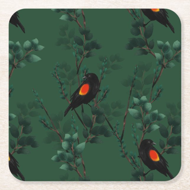 Dessous-de-verre Carré En Papier Motif d'oiseau-noir à ailes rouges (Devant)