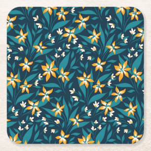Dessous-de-verre Carré En Papier Motif élégant de fleurs jaunes sur feuilles vert f