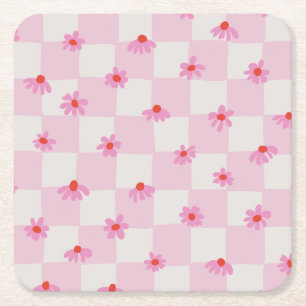 Dessous-de-verre Carré En Papier Motif floral à carreaux de marguerite rose tendre