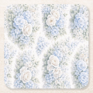 Dessous-de-verre Carré En Papier Motif Floral Aquarelle Bleu Blanc Élégant