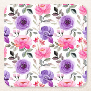 Dessous-de-verre Carré En Papier Motif floral aquarelle vibrant en rose et violet