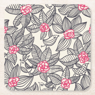 Dessous-de-verre Carré En Papier Motif floral avec des oiseaux de bande dessinée