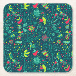 Dessous-de-verre Carré En Papier Motif floral avec les oiseaux 2 de bande dessinée