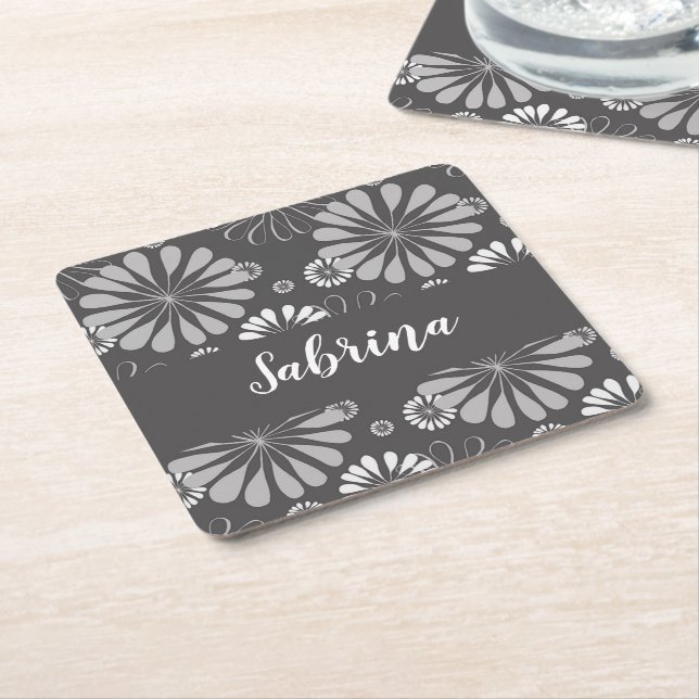 Dessous-de-verre Carré En Papier Motif floral blanc et gris (Incliné)