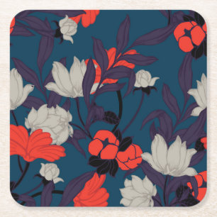 Dessous-de-verre Carré En Papier Motif floral bleu et rouge élégant