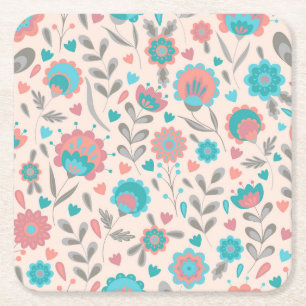 Dessous-de-verre Carré En Papier Motif floral d'art populaire turquoise et de