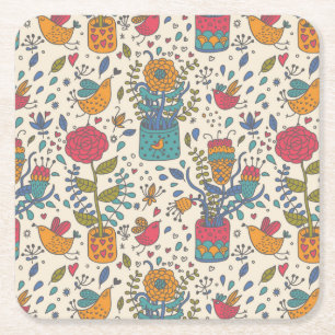 Dessous-de-verre Carré En Papier Motif floral de bande dessinée avec les oiseaux 2