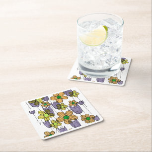 Dessous-de-verre Carré En Papier Motif Floral Rétro Années 70 Festif Coaster de Fêt