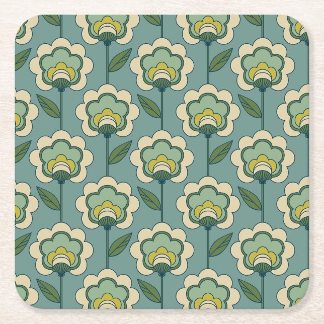 Dessous-de-verre Carré En Papier Motif floral turquoise et jaune (Devant)