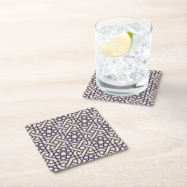 Dessous-de-verre Carré En Papier Motif géométrique marocain bleu islamique (En situation)