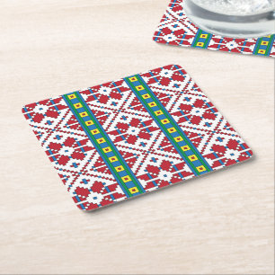 Dessous-de-verre Carré En Papier Motif géométrique tribal rouge, bleu et blanc étoi