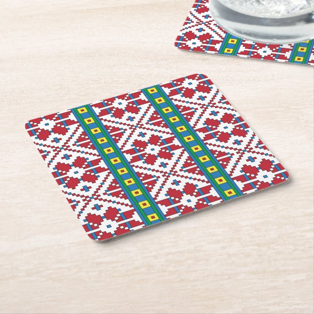 Dessous-de-verre Carré En Papier Motif géométrique tribal rouge, bleu et blanc étoi (Incliné)