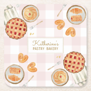 Dessous-de-verre Carré En Papier Motif Gingham Pâtisseries Aquarelle Boulangerie