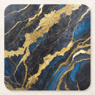 Dessous-de-verre Carré En Papier Motif Marbre Bleu avec Or