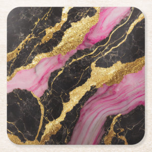 Dessous-de-verre Carré En Papier Motif marbre noir rose avec or