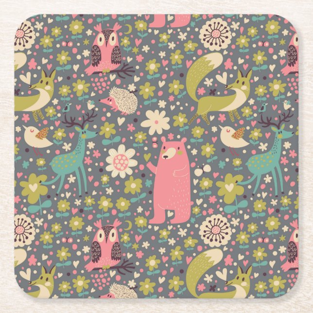 Dessous-de-verre Carré En Papier Motif mignon d'animaux de forêt (Devant)