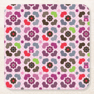 Dessous-de-verre Carré En Papier motif rose de fleurs et de hiboux