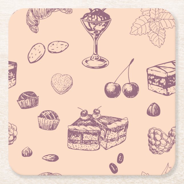 Dessous-de-verre Carré En Papier Motif sucré avec des desserts variés. (Devant)