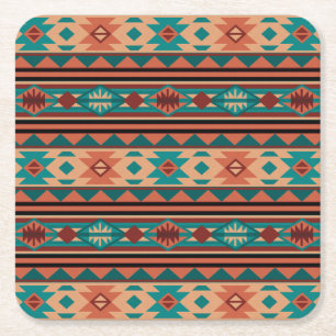Dessous-de-verre Carré En Papier Motif Tribal Sud-Ouest Turquoise Terracotta