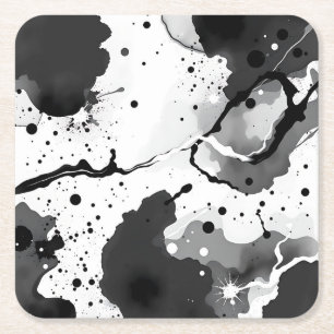 Dessous-de-verre Carré En Papier Motifs d'encre liquide noire et blanche avec éclab
