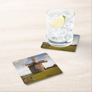 Dessous-de-verre Carré En Papier Moulin à vent en champ vert et nuages blancs et ci