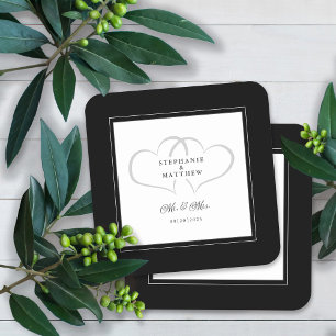 Dessous-de-verre Carré En Papier Mr & Mrs Black & White Elegant Hearts Mariage Chic
