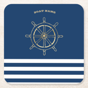 Dessous-de-verre Carré En Papier Nautique, Roue de bateau dorée, Rayures bleu marin