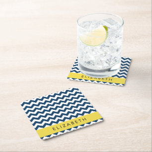 Dessous-de-verre Carré En Papier Navy Blue Zigzag, Navy Blue Chevron, Votre nom