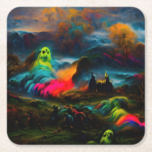 Dessous-de-verre Carré En Papier Neon Ghosts dans un paysage d'Imaginaire hanté