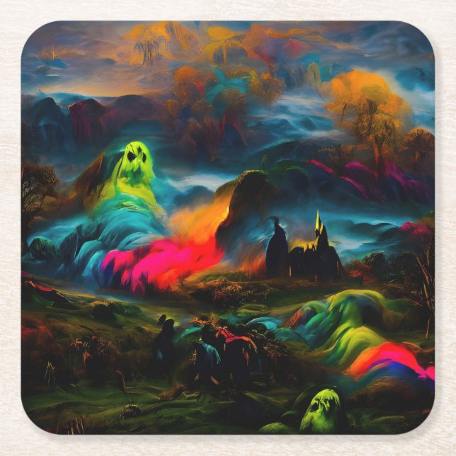 Dessous-de-verre Carré En Papier Neon Ghosts dans un paysage d'Imaginaire hanté (Devant)