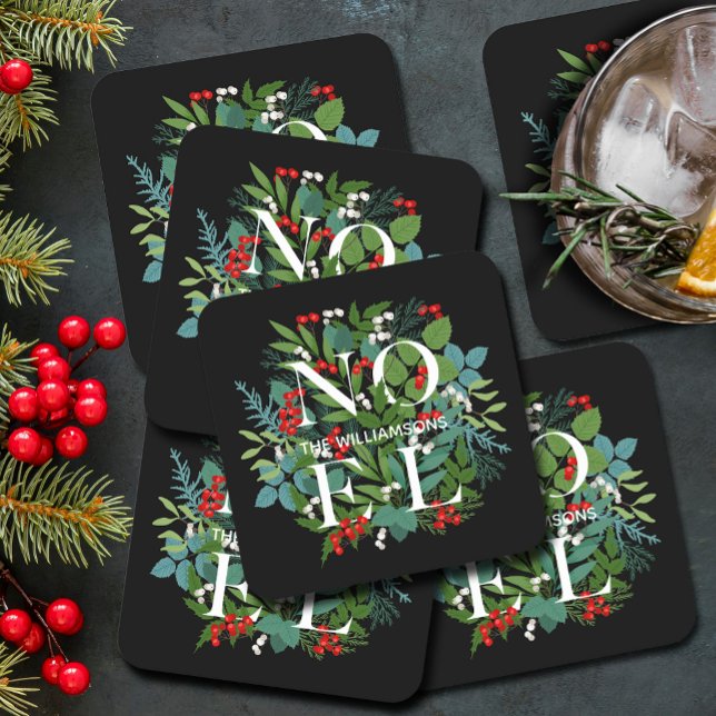Dessous-de-verre Carré En Papier NOEL Berries Vacances vertes Noir (NOEL winter greenery and berries on black holiday square paper coasters)
