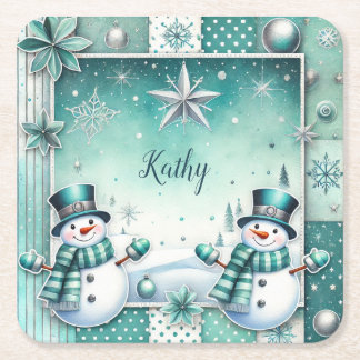 Dessous-de-verre Carré En Papier Noël : bonshommes de neige turquoise